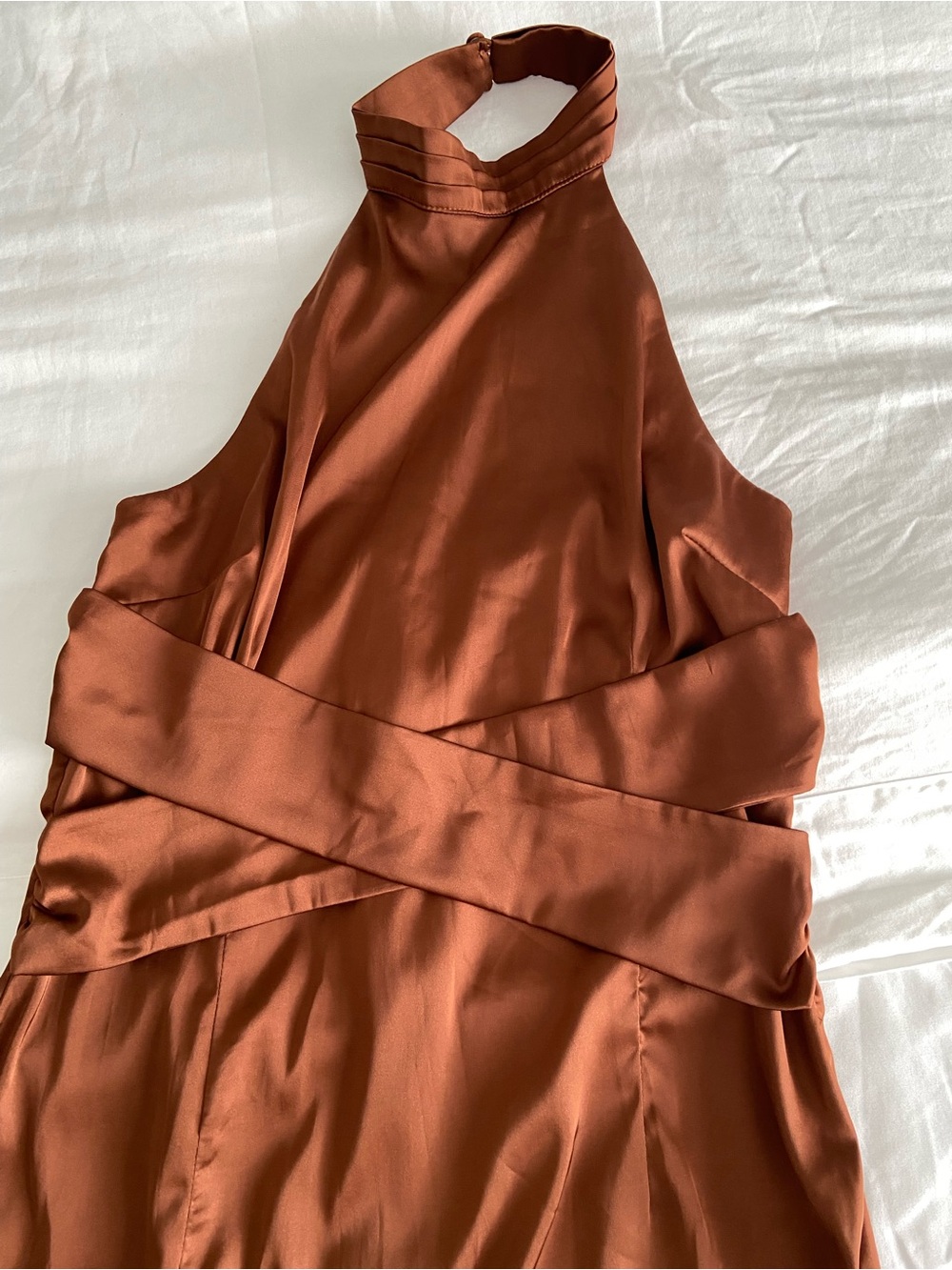 New Fashion Nova Satin Brown High-Neck Maxi Dress with Thigh Slit - Picture 8 of 9